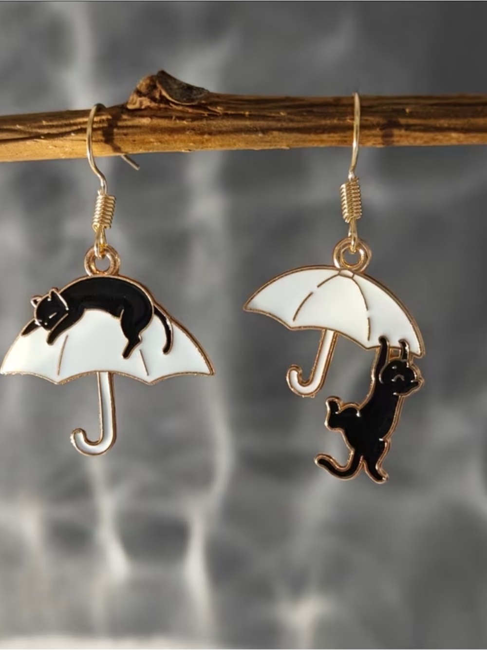 Black Cat & White Umbrella Enamel Dangle Earrings